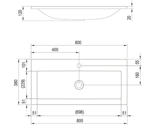 Technický nákres umývadla s rozmermi