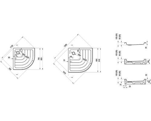 Technický nákres sprchovej vaničky s rozmermi
