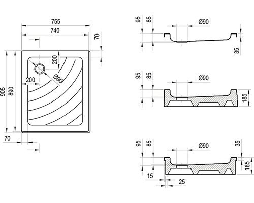 Technický nákres sprchovej vaničky s rozmermi