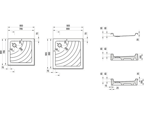 Technický nákres sprchovej vaničky s rozmermi.