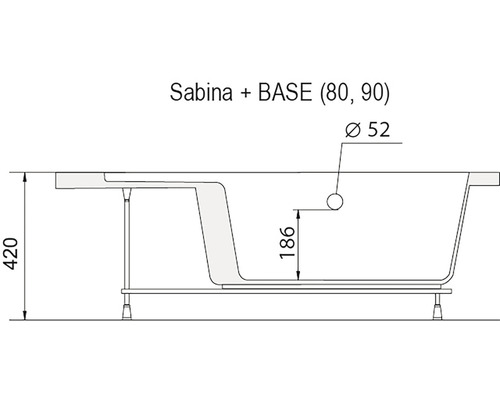 Technický nákres vane s rozmermi 420, 186 a priemerom 52