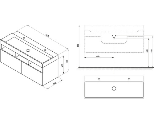 Technický nákres skrinky pod umývadlo s rozmermi
