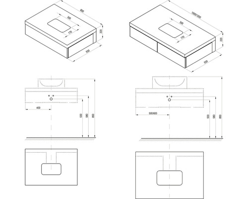 Technický výkres skrinky pod umývadlo s rozmermi