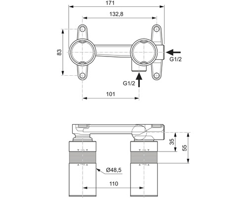 Technický nákres armatúry s rozmermi