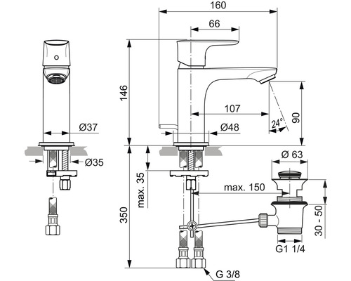 Technický nákres umývadlovej batérie s rozmermi