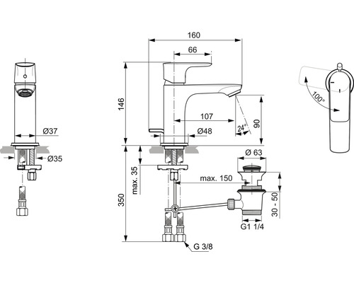 Technický nákres vodovodnej batérie s rozmermi