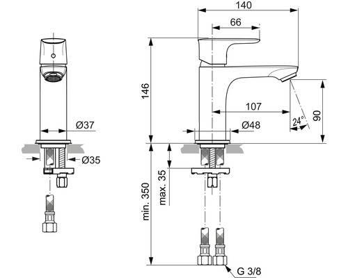 Rozmerový nákres vodovodnej batérie s údajmi o výške, šírke a priemere