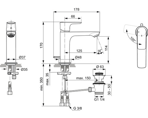 Technický nákres umývadlovej batérie s rozmermi