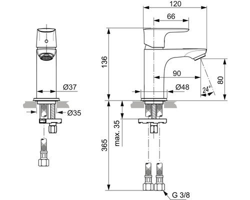 Rozmerový nákres armatúry s údajmi o výške, šírke a priemere