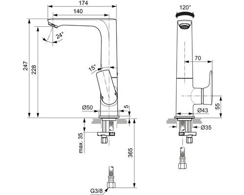 Technický nákres vodovodnej batérie s rozmermi