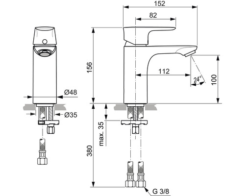 Technický nákres vodovodnej batérie s rozmermi