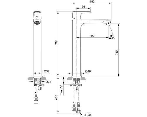 Technický nákres umývadlovej batérie s rozmermi