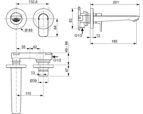Technický nákres vodovodnej batérie s rozmermi