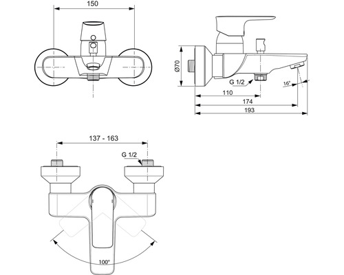 Technický nákres nástennej batérie s rozmermi