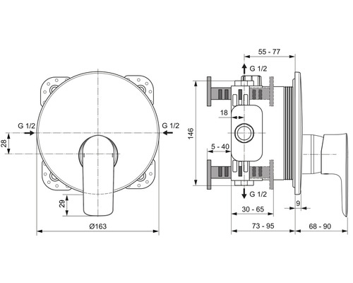 Technický výkres kúpeľňovej batérie s rozmermi