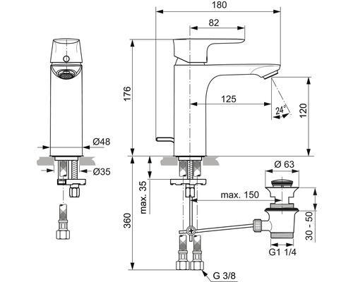 Technický nákres vodovodnej batérie s rozmermi