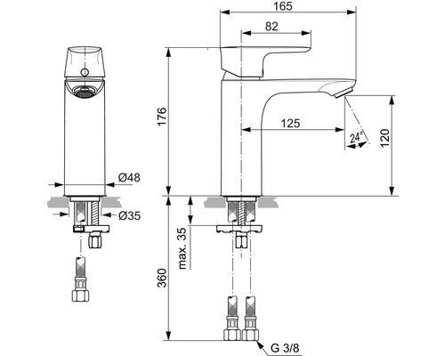 Technický nákres umývadlovej batérie s rozmermi