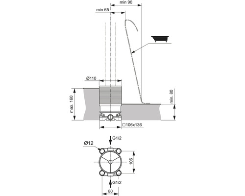 Technický výkres sifónu s rozmermi