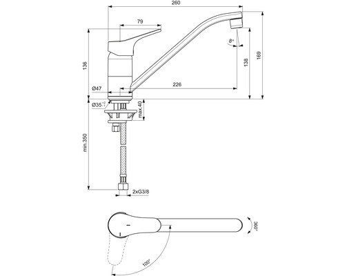 Technický nákres kuchynskej batérie s rozmermi