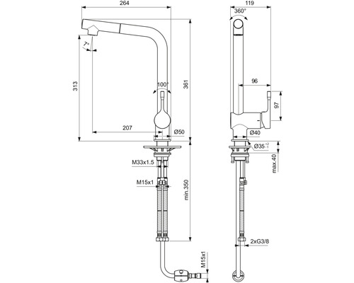 Technický nákres kuchynskej batérie s rozmermi