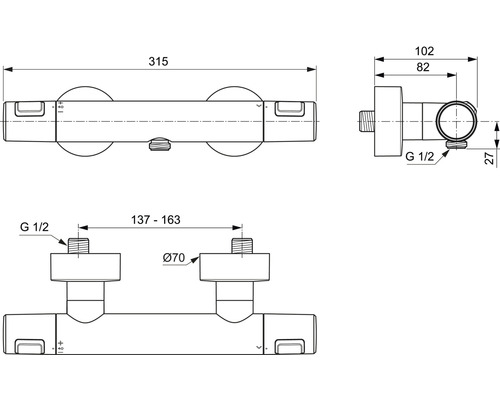 Technický nákres sprchovej armatúry s rozmermi