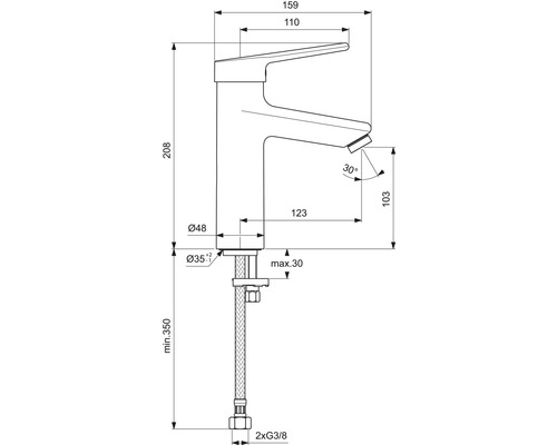 Technický nákres umývadlovej batérie s rozmermi