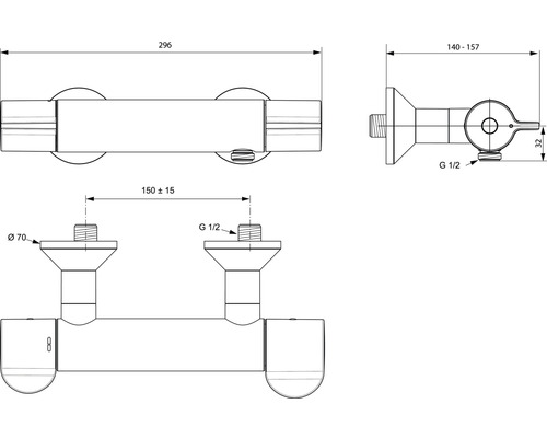 Technický výkres termostatickej batérie s rozmermi