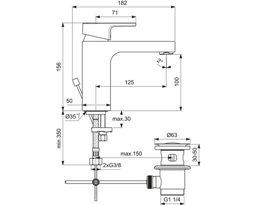 Technický nákres armatúry s rozmermi