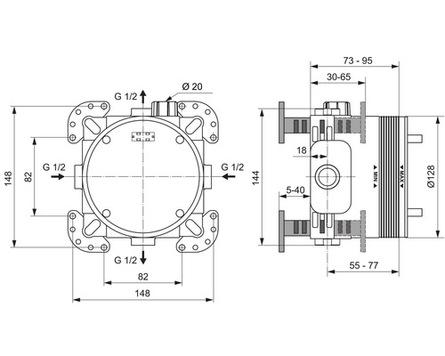 Technický nákres rozdeľovača vykurovacieho okruhu s rozmermi.