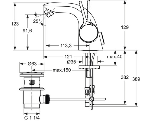 Technický nákres umývadlovej batérie s rozmermi