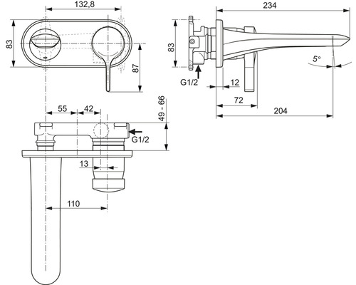 Technický nákres kúpeľňovej batérie s rozmermi