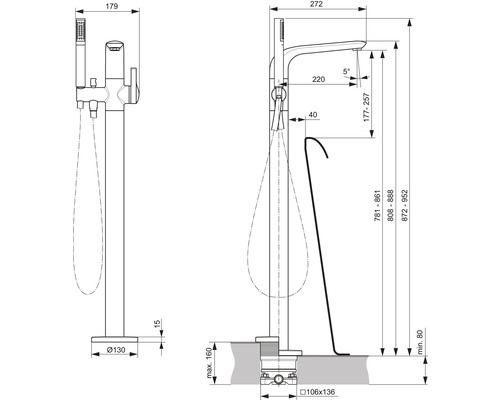 Technický nákres voľne stojacej vaňovej batérie s rozmermi