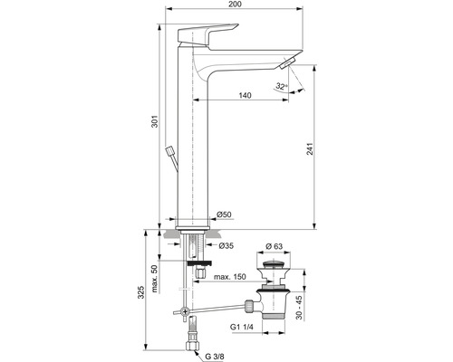 Technický nákres vodovodnej batérie s rozmermi