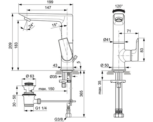 Technický nákres vodovodnej batérie s rozmermi
