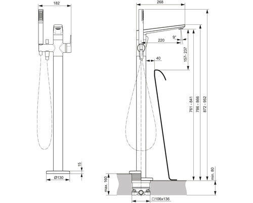 Technický výkres voľne stojacej vaňovej batérie s rozmermi.