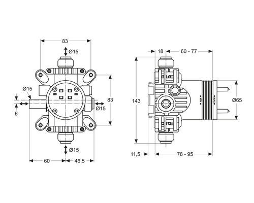 Technický nákres rozdeľovača s rozmermi