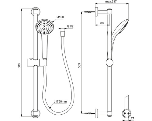 Technický nákres sprchovej tyče s ručnou sprchou, zobrazené rozmery a prípojky