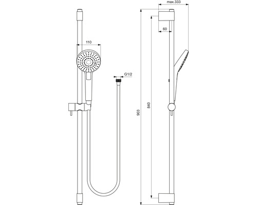 Technický nákres sprchovej súpravy s ručnou sprchou a sprchovou tyčou s rozmermi