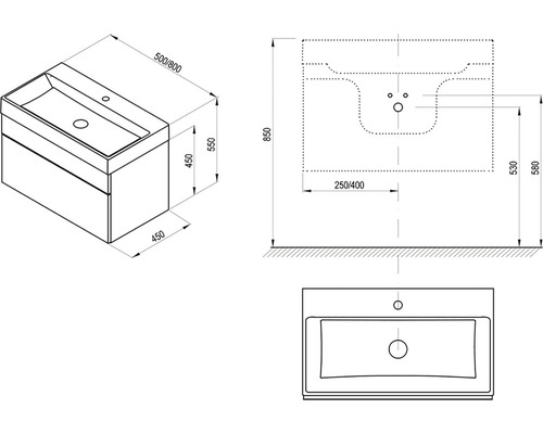 Nákres skrinky pod umývadlo s rozmermi