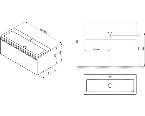Technický nákres vane s rozmermi