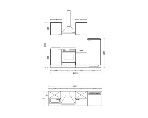 Technický nákres kuchynskej linky s rozmermi.