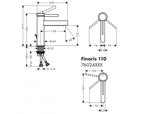 Technický nákres umývadlovej batérie Finoris 110 s rozmermi