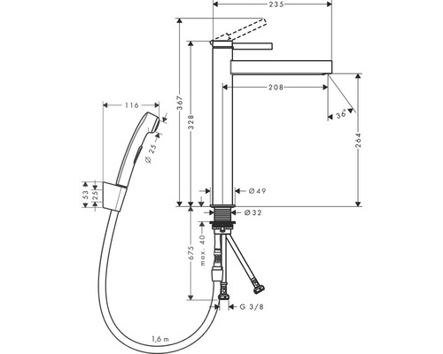 Technický nákres vodovodnej batérie s ručnou sprchou a rozmermi