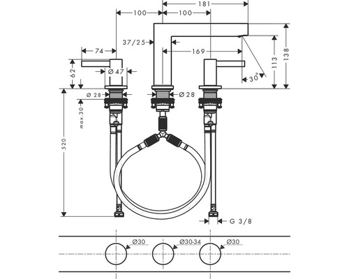 Technický nákres vodovodnej batérie s rozmermi