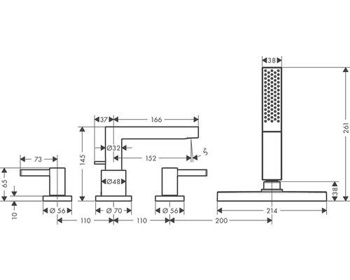 Technický nákres vaňovej batérie s ručnou sprchou