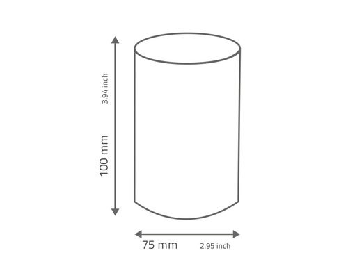 Obrázok valca s rozmermi 100 mm na výšku a 75 mm v priemere.