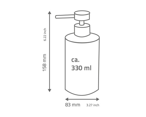 Technický nákres dávkovača mydla s rozmermi približne 330 mililitrov