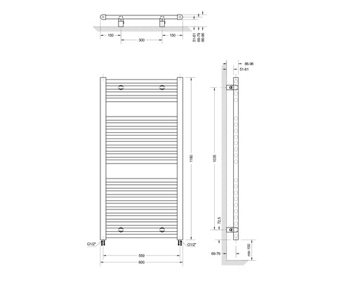 Technický výkres vykurovacieho telesa s rozmermi