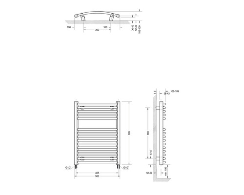 Technický nákres kúpeľňového radiátora s rozmermi