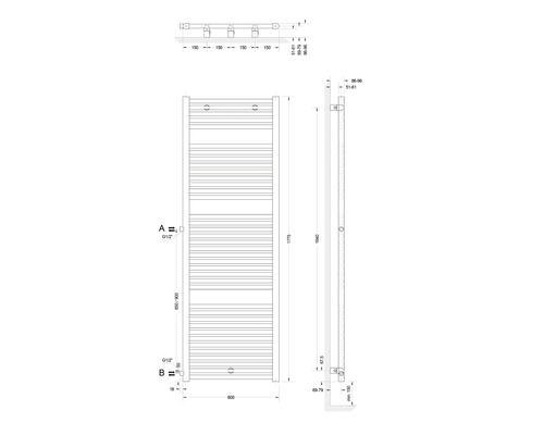 Technický nákres kúpeľňového radiátora s rozmermi